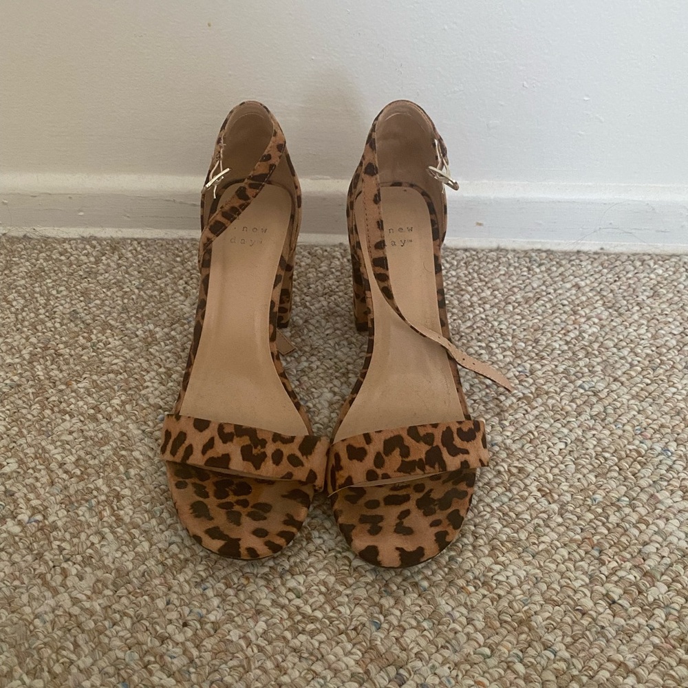 Leopard block heels. Light wear.